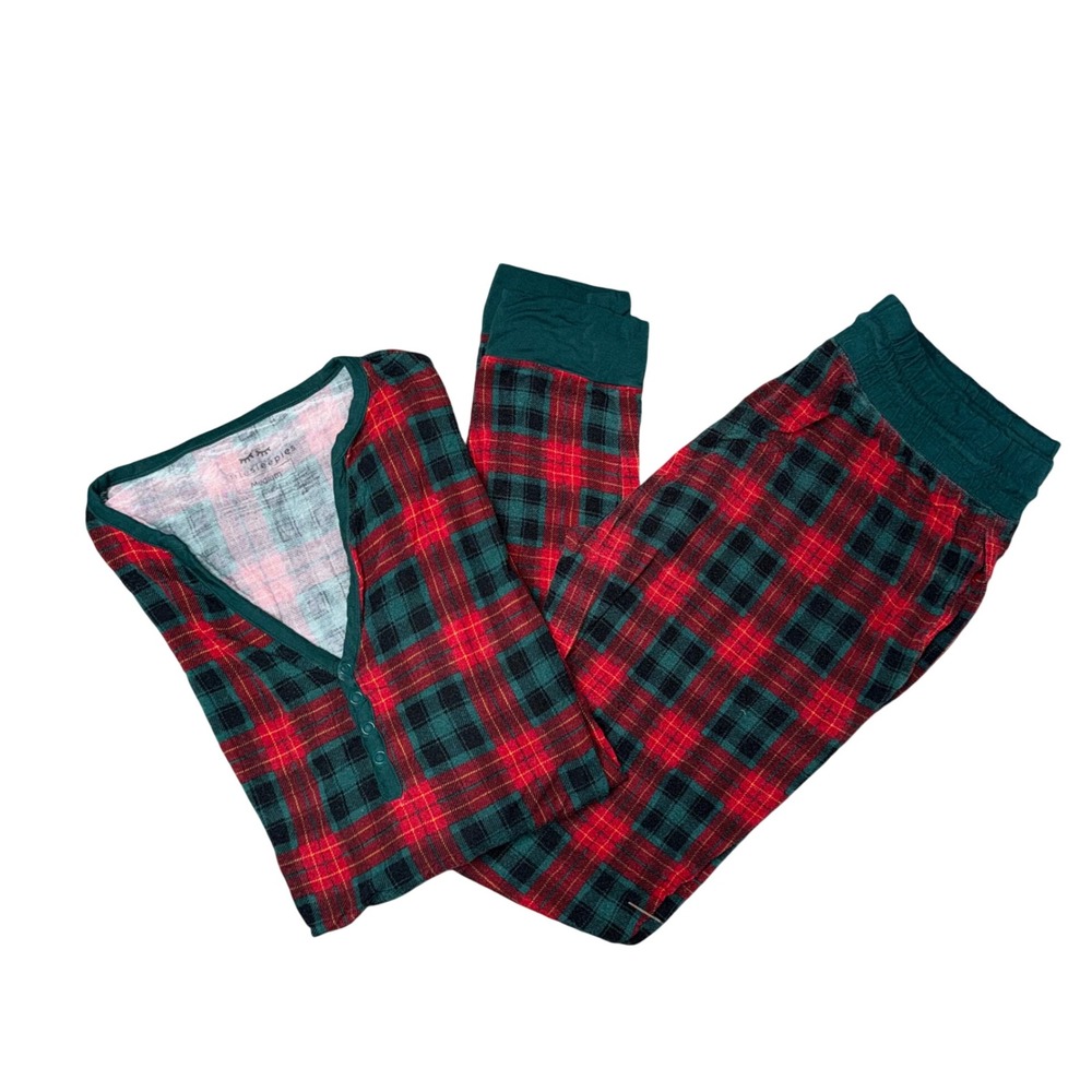 Little Sleepies‎ Pajama Set Women Medium Red Green Plaid Excellent Bamboo Henley